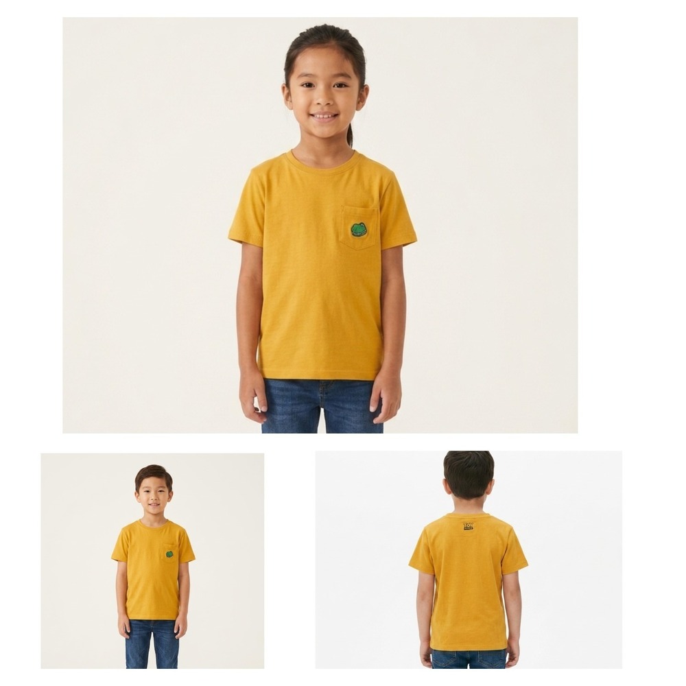 Disney Pixar CacoToy Story T-Shirt Kids S Mustard Yellow Cotton Chest Pocket Tee